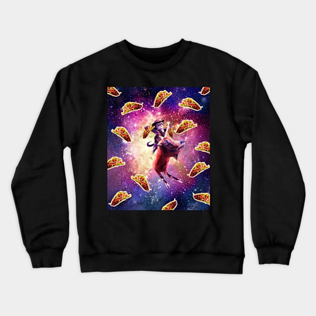 Cowboy Space Cat On Goat Unicorn - Taco Crewneck Sweatshirt by Random Galaxy